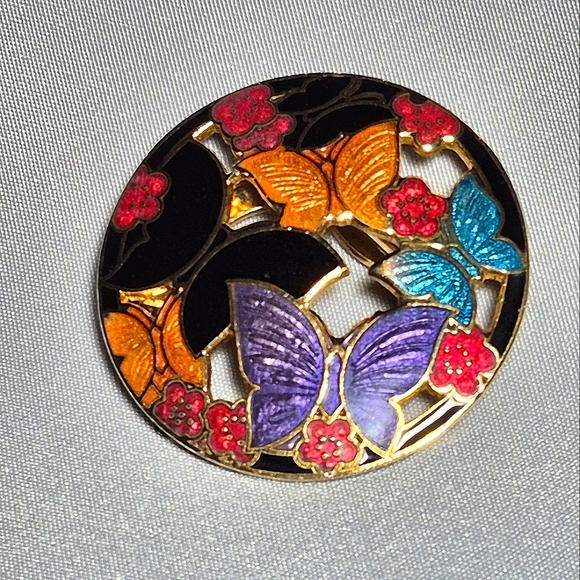 Vintage Floral & Butterflies Cloisonne Enamel Scarf Clip - Picture 4 of 5